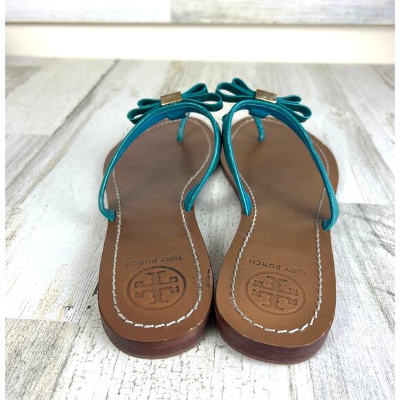 Tory Burch Womens 10 Blue Gold Leighanne Bow Slip-On Logo Thong Sandals - Picture 5 of 11